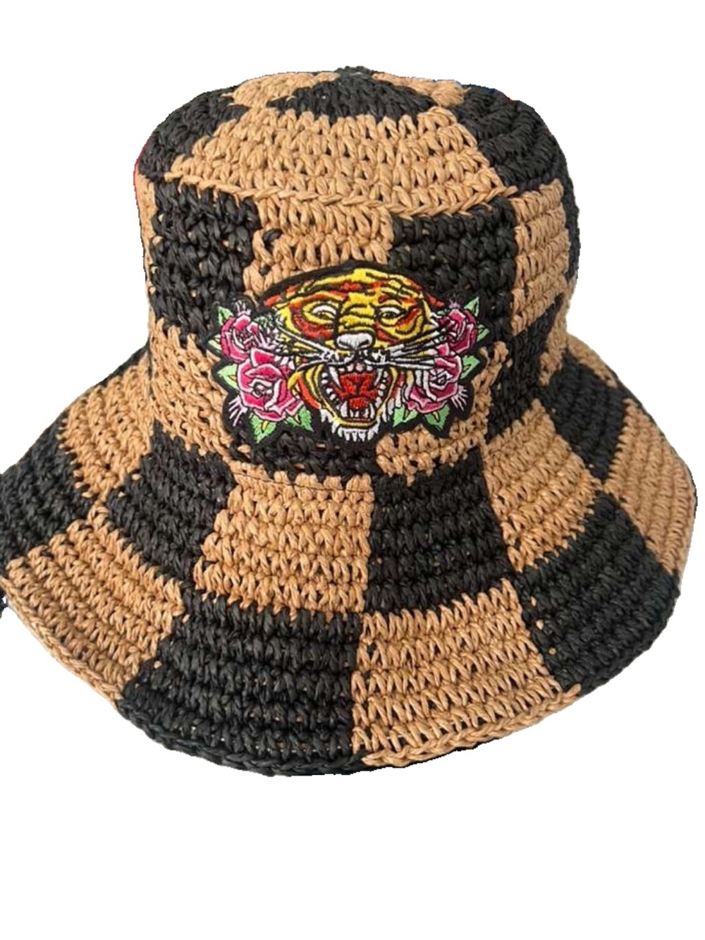 Ed Hardy Bucket Hat Checkered Tiger Black & Tan Straw One Size